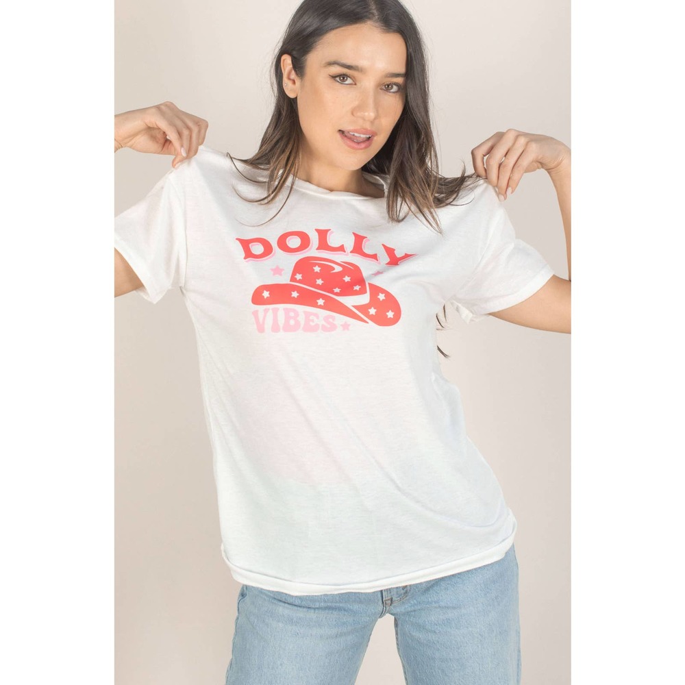 Red Pink Dolly Vibes Cowboy Hat Graphic on White Tee Large
